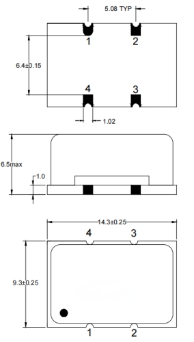 LT-CR Series VCXO dimensional drawing showing 14×9mm package specifications