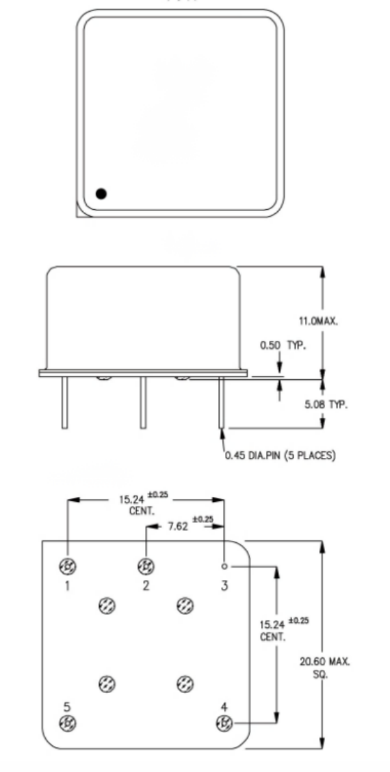 Technical drawing of LT-CR series OCXO showing dimensions 20×20×11mm