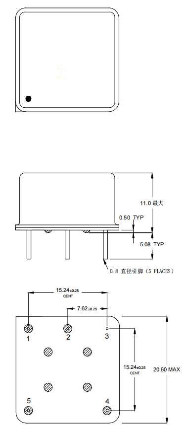 Technical drawing of LT-CR-TC-16M-2020 oscillator showing dimensions 20×20×10.5mm