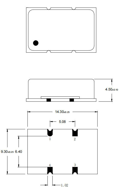 Outline drawing of LT-CR-TC-50M-1409 TCXO showing dimensions 14.3mm × 9.3mm × 4.5mm