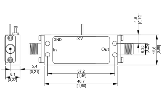 Outline drawing of LT-PA-020200-G28P18 Power Amplifier showing dimensions 40.7×16.8×8.1 mm