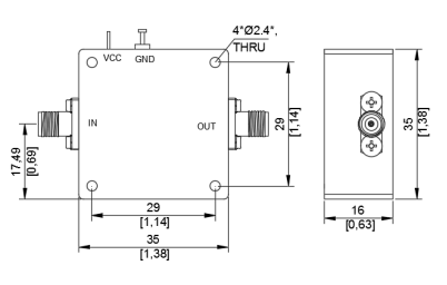 Technical drawing of LT-PA-054059-G30P32 power amplifier showing dimensions 35×35×16 mm