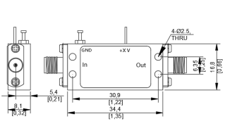 Technical drawing of LT-PA series power amplifier showing dimensions 34.4mm × 16.8mm × 8.1mm