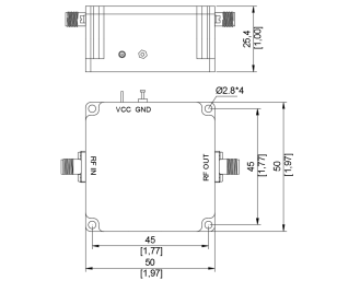 LT-PA series power amplifier dimensional drawing showing 50×50×25.4 mm measurements
