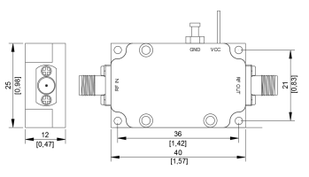 LT-PA series power amplifier dimensional drawing showing 40mm × 21mm × 12mm measurements