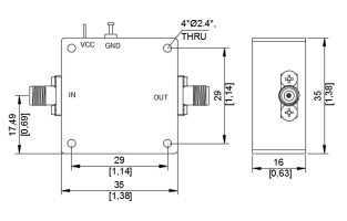 Technical outline drawing of LT-PA-010020-G49P19 power amplifier showing dimensions 35×35×16 mm
