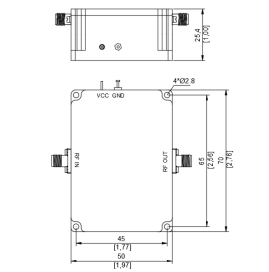 Outline drawing of LT-PA series power amplifier showing dimensions 50×70×25.4 mm