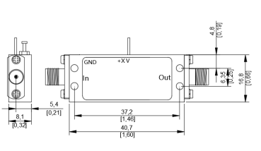 Outline drawing of LT-PA series power amplifier showing dimensions 40.7×16.8×8.1 mm