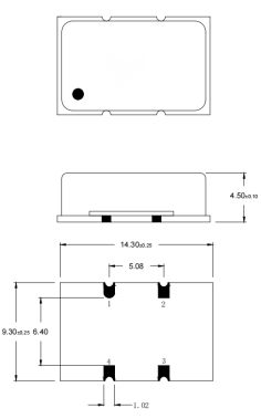 Technical drawing of LT-CR series temperature-compensated crystal oscillator showing dimensions 14.3×9.3×4.5mm