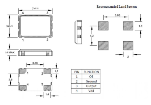 Technical drawing of LT-CR-O-20M-7050 crystal oscillator showing dimensions 7×5×1.4mm