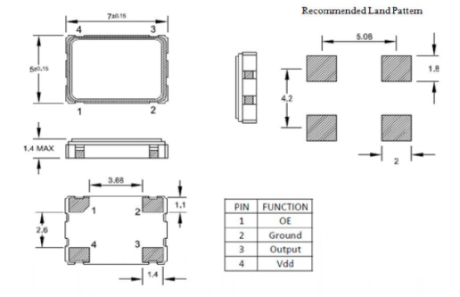 Mechanical drawing of LT-CR-O-50M-7050 crystal oscillator showing dimensions 7×5×1.4mm