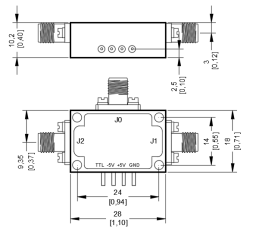 Technical outline drawing of LT-SWDTA-005200S PIN Diode Switch with dimensions 28×18×10.2mm