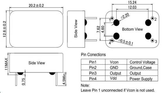 Technical drawing of LT-CR-BO1220H OCXO showing dimensions 20.2mm × 12.6mm × 11.0mm