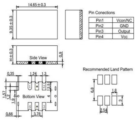 Technical drawing of LT-CR-BT0914AZ TCXO showing dimensions 14.65mm × 9.35mm