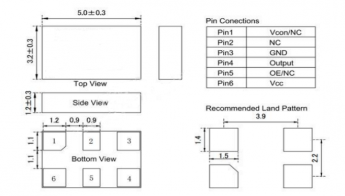 Technical drawing of LT-CR-BT0503A TCXO showing dimensions 5.0×3.2×1.2mm
