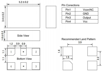 Outline drawing of LT-CR-BT0503C TCXO showing dimensions 5.2×3.4×1.6mm