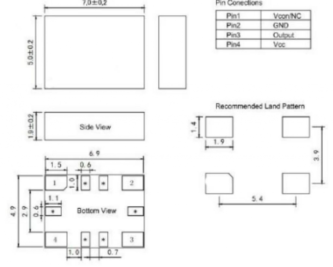 Technical outline drawing of LT-CR-BT0507A-B TCXO showing dimensions 7.0×5.0×1.9mm