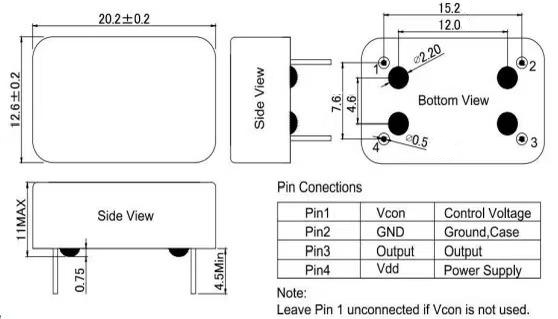 Technical drawing of LT-CR-BO1220A OCXO showing dimensions 20.2 × 12.6 × 11.0 mm