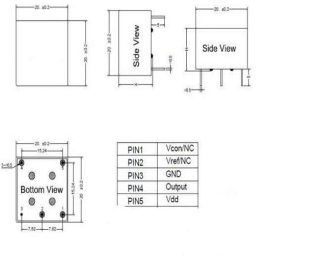 Technical drawing of LT-CR-bo2020a OCXO showing dimensions 20.0mm × 20.0mm × 10.5mm