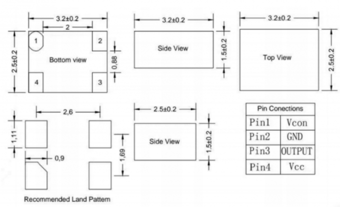 Technical drawing of LT-CR series TCXO showing dimensions of 3.2mm × 2.5mm × 1.5mm ceramic package