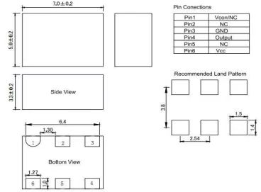 Technical drawing of LT-CR-BT0507M TCXO showing dimensions 7.0 × 5.0 × 3.3 mm