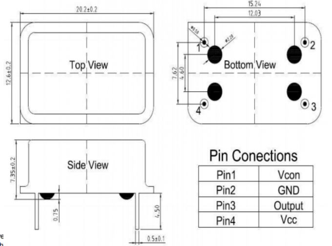 Technical drawing of LT-CR-BT1220 TCXO showing dimensions 20.2mm × 12.6mm