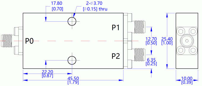 Technical drawing of LT-PD-2S-040080 2-Way Power Divider showing dimensions 45.5×25.4×10 mm