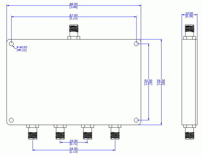 Technical drawing of LT-PD-4S-006027 4-Way Power Divider showing dimensions 88×56×10 mm