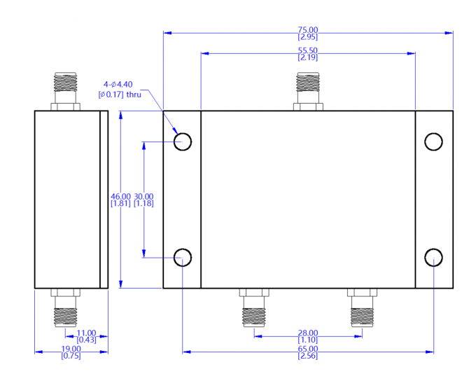 Mechanical drawing of LT-PD-2S-008010 2-Way Power Divider showing dimensions 75×46×19 mm