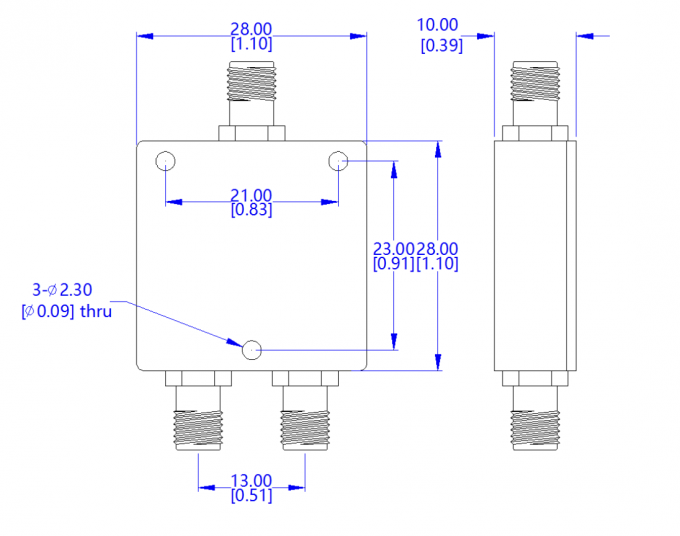 LT-PD-2S-020040 power divider dimensional drawing showing 28×28×10 mm specifications