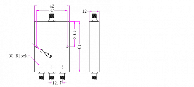 Technical drawing of LT-PD-3S-011018 3-Way Power Divider showing dimensions (61×42×12 mm)