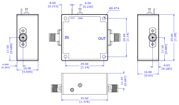 Technical drawing of LT-LA-360460-G20P5 amplifier showing dimensions 35×35×16 mm