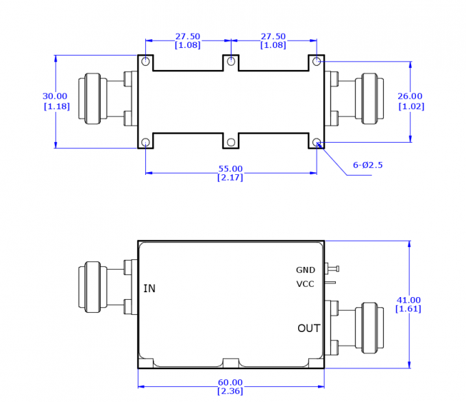 Technical drawing of LT-LA-022023-G35P19 amplifier showing dimensions 60×41×30 mm
