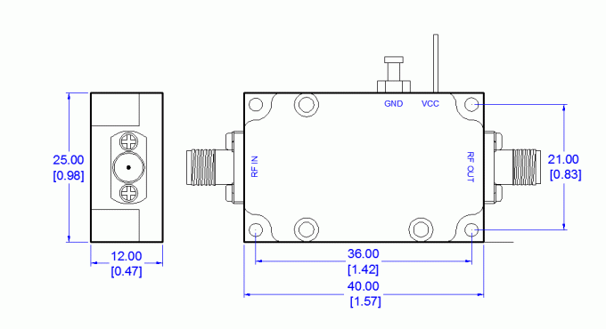 Technical outline drawing of LT-LA-000010-G25P0-1 amplifier showing dimensions 40×25×12 mm