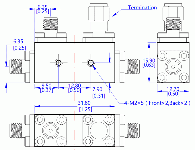 Technical outline drawing of LT-DC20-200300K directional coupler showing dimensions 31.8×12.7×15.9 mm
