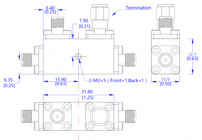 Mechanical drawing of LT-DC10-100150S directional coupler showing dimensions 31.8×15.9×12.7 mm
