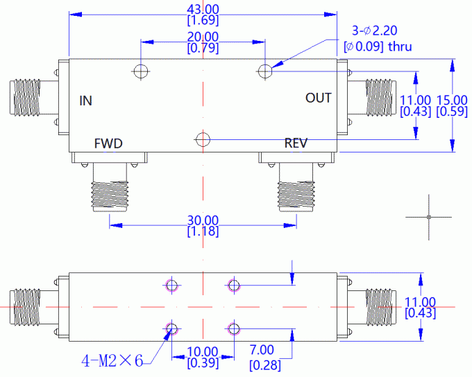 Mechanical drawing of LT-DC20-020180S directional coupler showing dimensions 43×15×11 mm