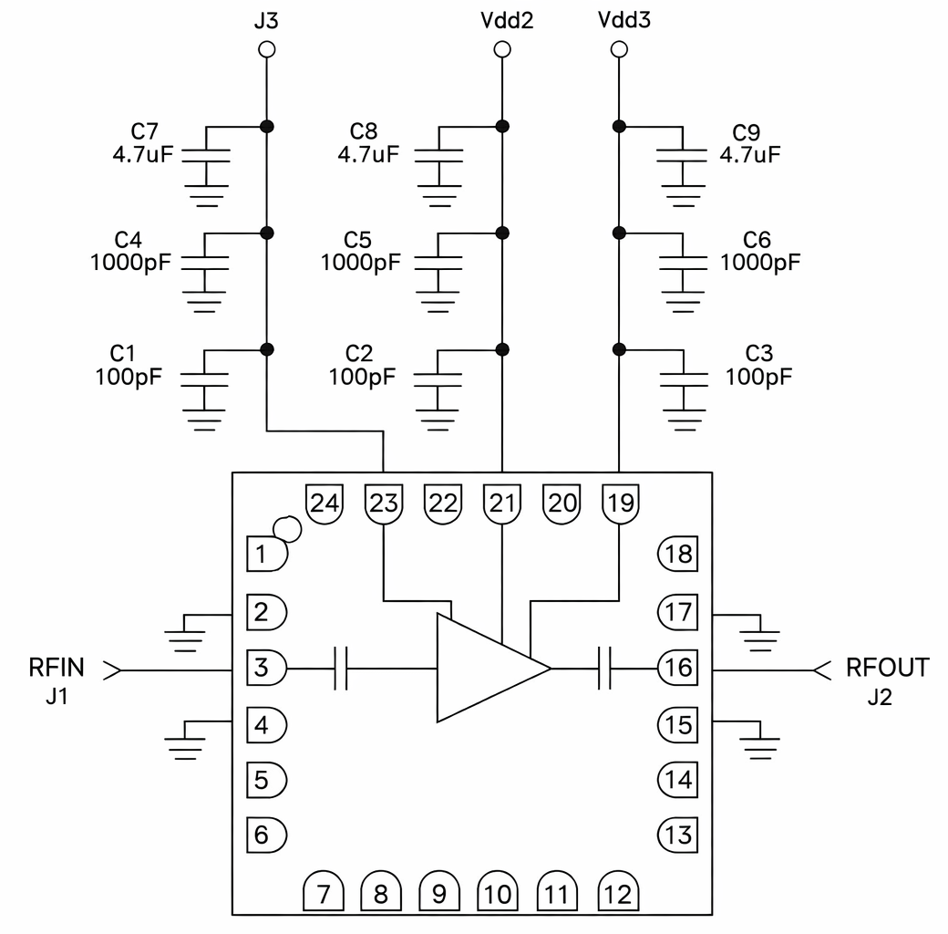 In practical applications, the HMC519LC4TR LNA requires multiple bypass capacitors with the same rated voltage on its power rails to provide a large capacitance for low-frequency filtering and a smaller capacitance for RF bypass, thereby minimizing RF parasitic effects.