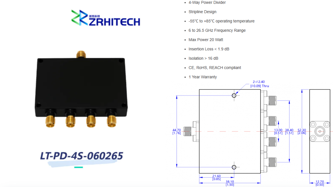 6 to 26.5 GHz 20 Watt LT-PD Series 4-Way Power Divider