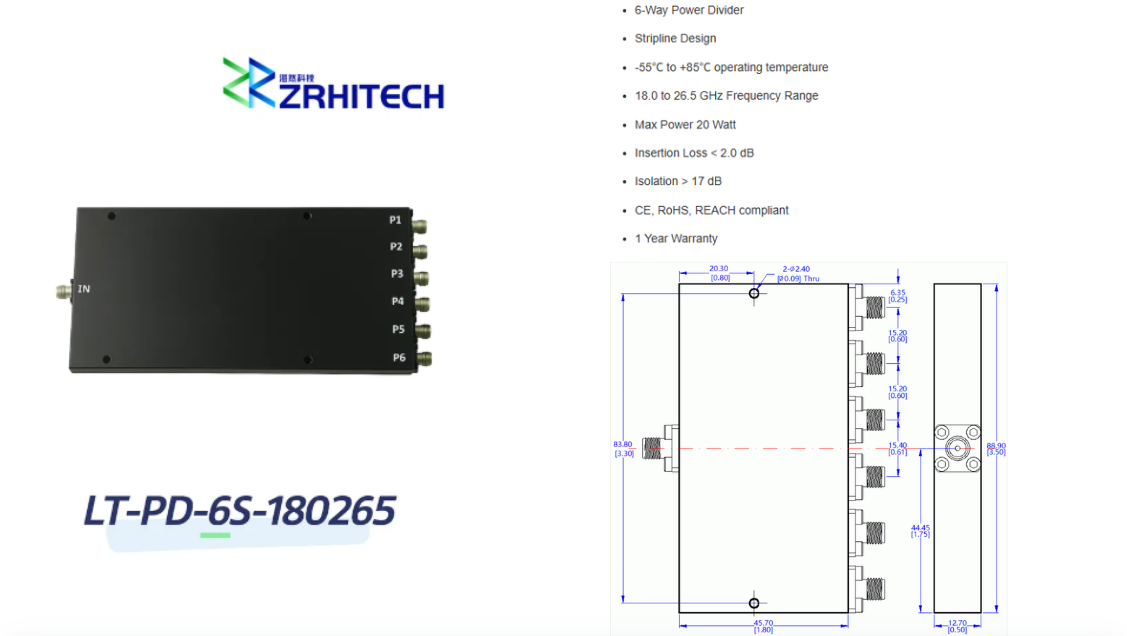 18.0 to 26.5 GHz 20 Watt LT-PD Series 6-Way Power Divider