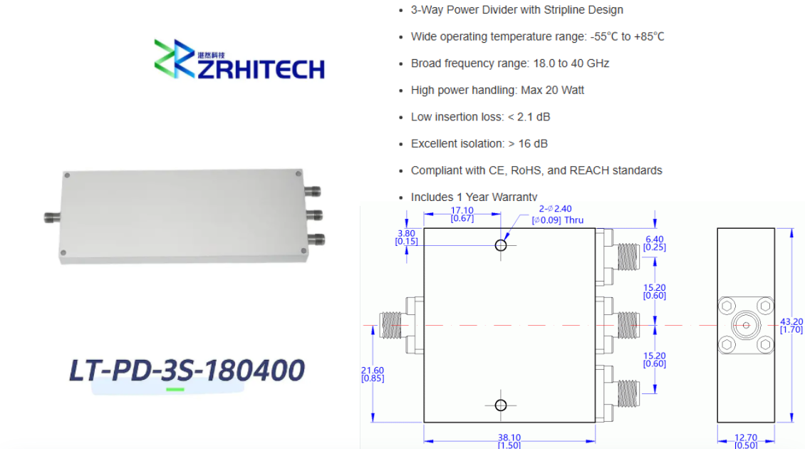 38.0 to 40 GHz 20 Watt LT-PD Series 3-Way Power Divider