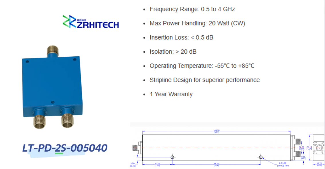 0.5 to 4 GHz 20 Watt LT-PD Series 2-Way Power Divider