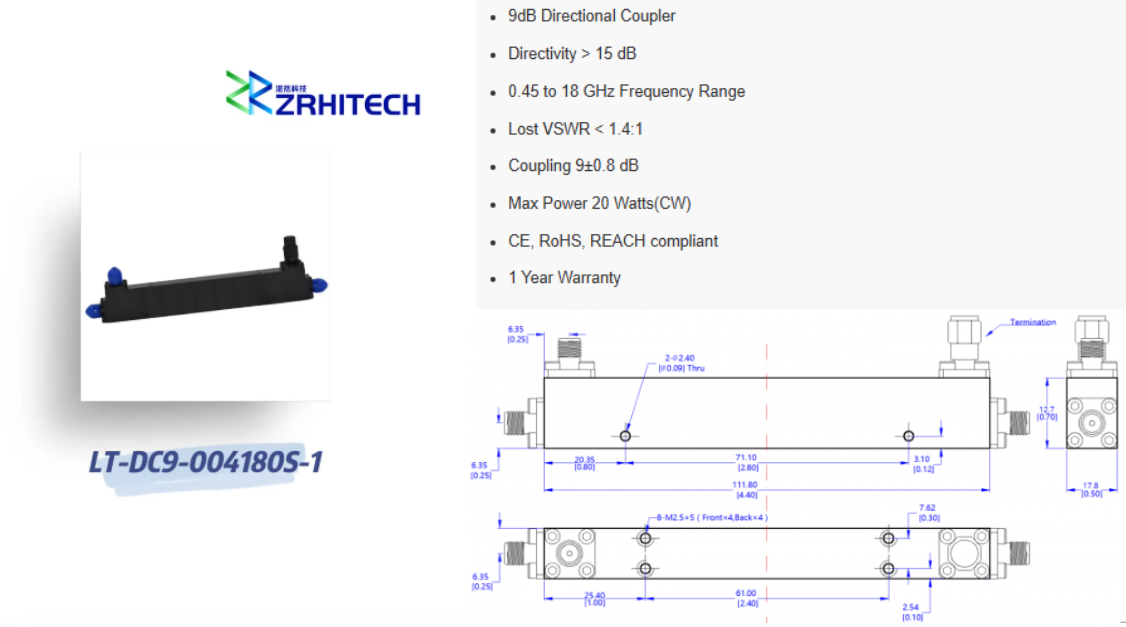 LT-DC Series 9dB Directional Coupler 20W Power 0.45-18 GHz Frequency Range for Optimal Performance