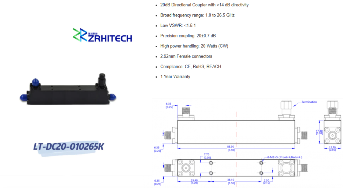 1 to 26.5 GHz 20 Watts LT-DC Series 20dB Directional Coupler