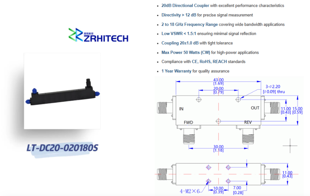 LT-DC Series 20dB Directional Coupler 50 Watts Ideal for 2-18 GHz Frequency Range