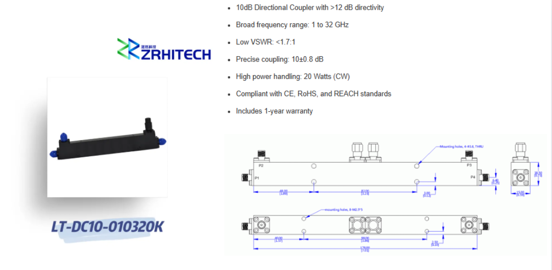 LT-DC Series 10dB Directional Coupler 1-32 GHz 20 Watts for High Frequency Applications