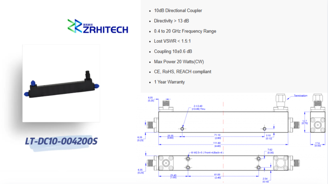 0.4 to 20 GHz 20 Watts LT-DC Series 10dB Directional Coupler for RF Power Measurement
