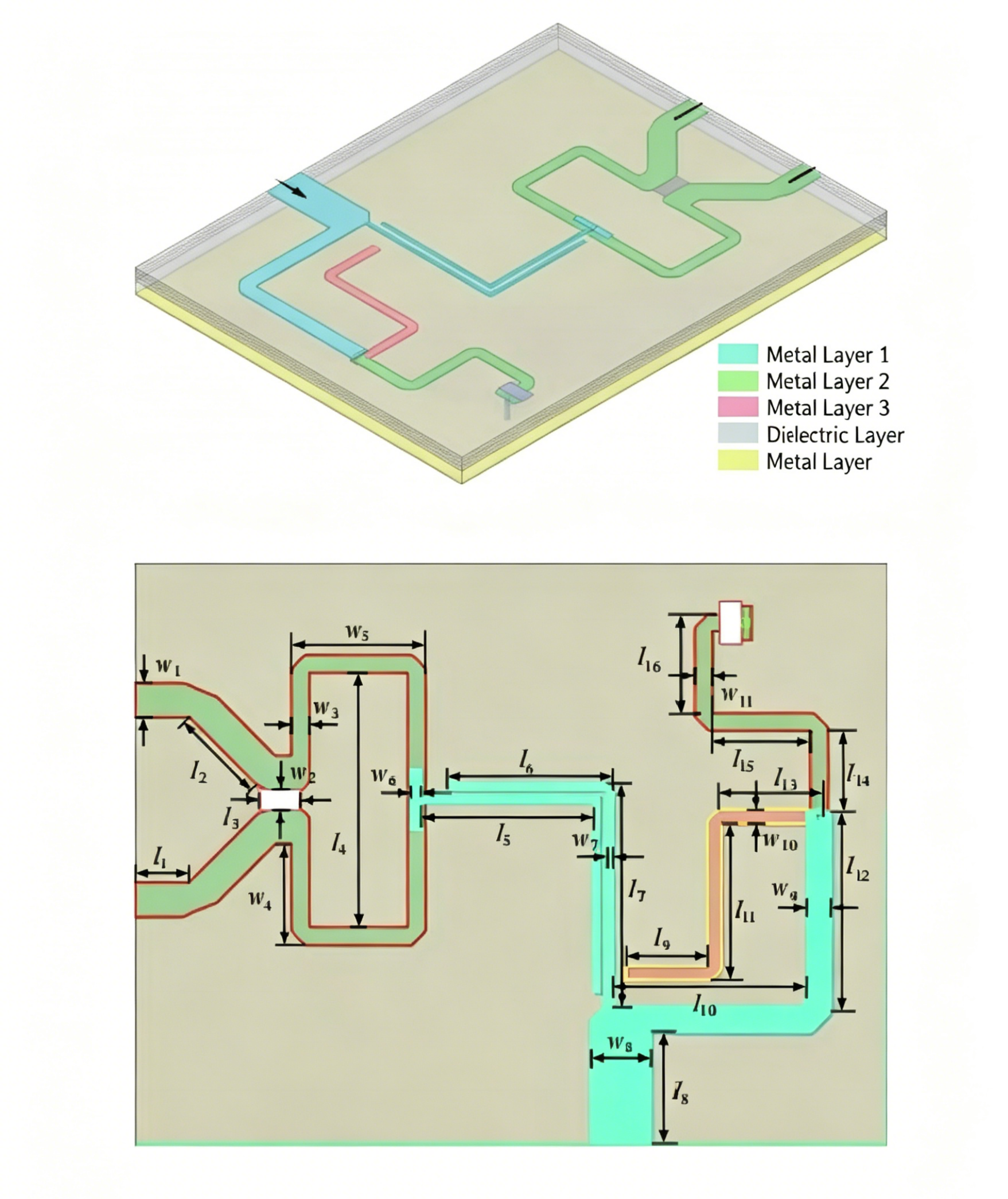 Perspective view and physical dimension of the proposed filtering power divider