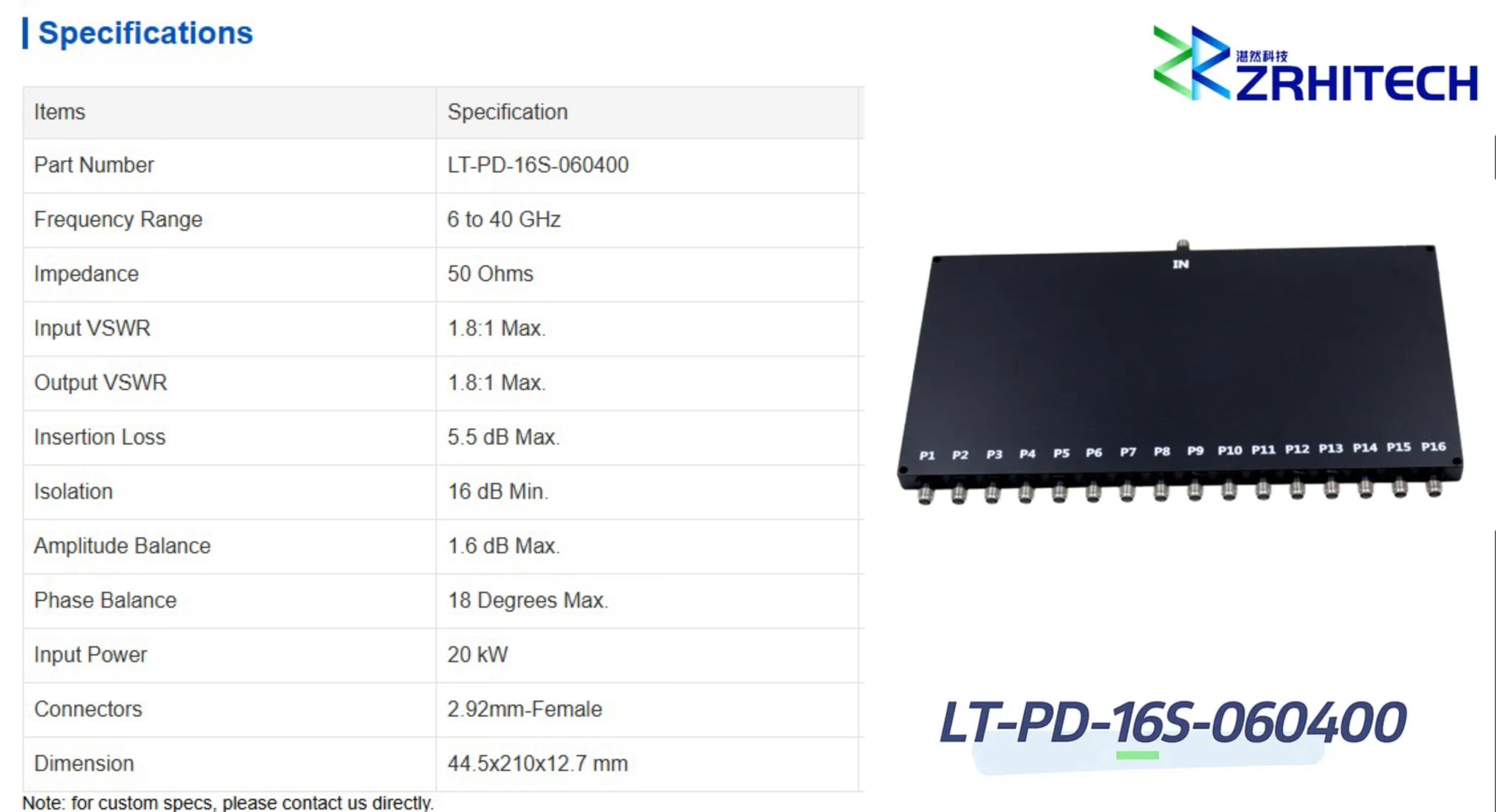 6 to 40 GHz 20 Watt LT-PD Series 16-Way Power Divider