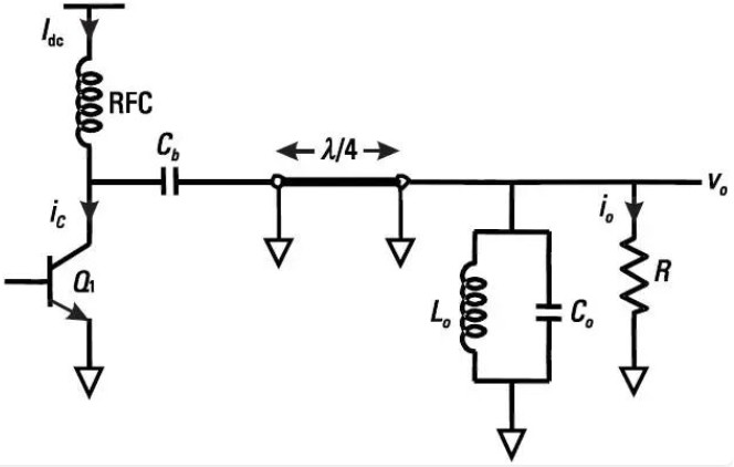 Class C amplifier λ/4 transmission line structure (odd harmonics open, even harmonics shorted)